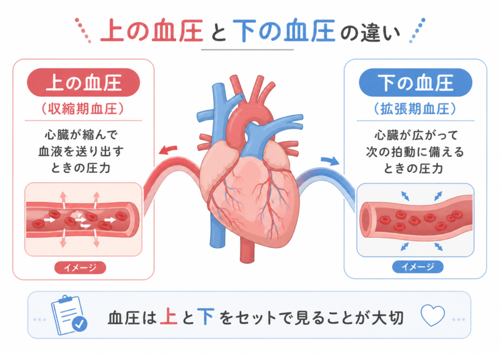 上の血圧は収縮期血圧、下の血圧は拡張期血圧であることを説明する図解
