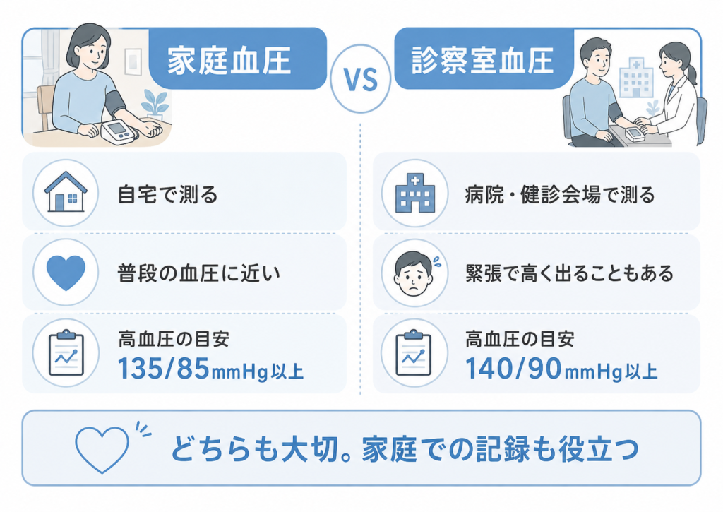 診察室血圧と家庭血圧の高血圧基準の違いをまとめた図解