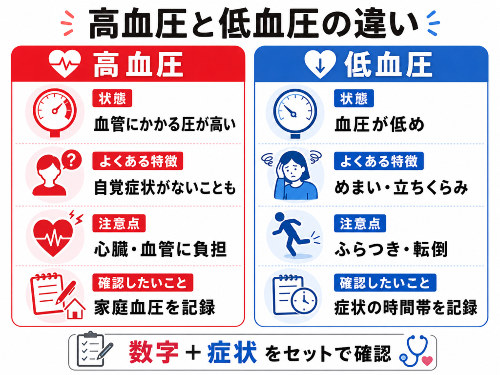 高血圧と低血圧の違いを症状や注意点で比較した図解