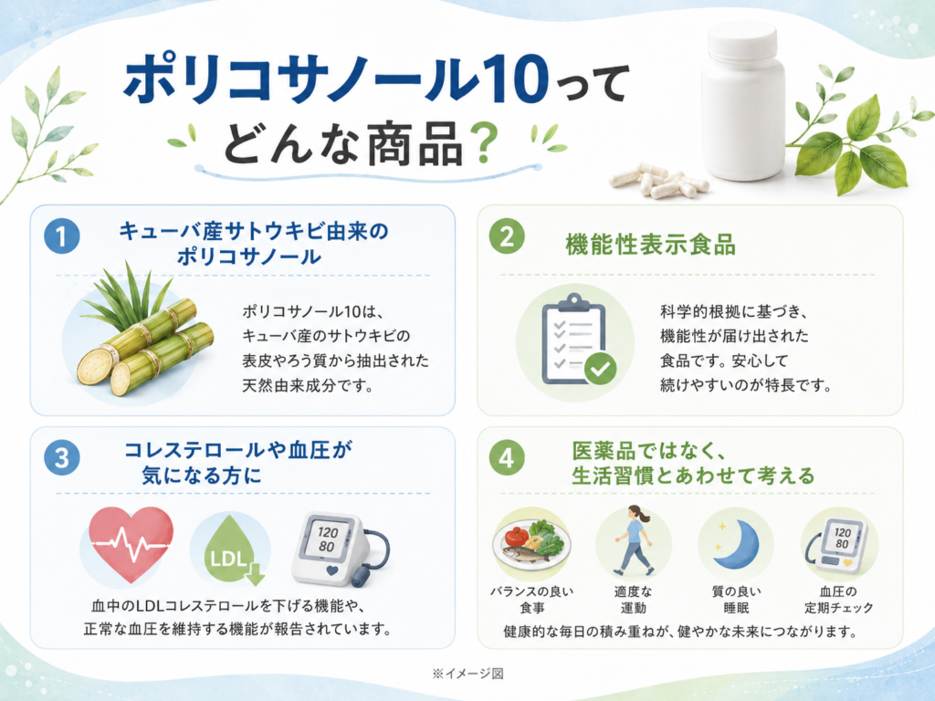 レイデル ポリコサノール10の特徴をキューバ産サトウキビ由来ポリコサノールや機能性表示食品の観点からまとめた図解