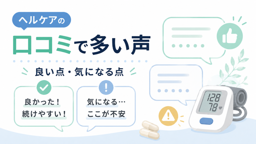 ヘルケアの口コミで見られる良い点と気になる点を整理したイメージ画像