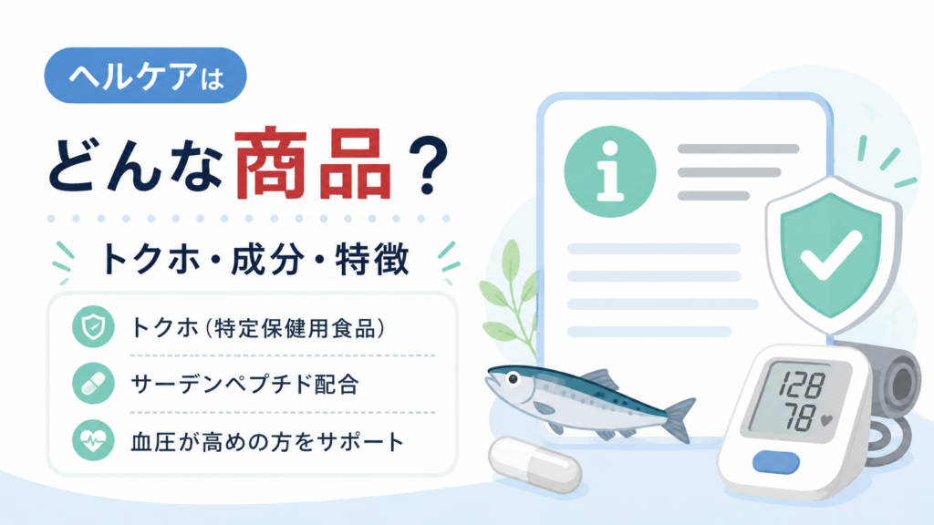 ヘルケアのトクホとしての特徴やサーデンペプチド配合を説明するイメージ画像