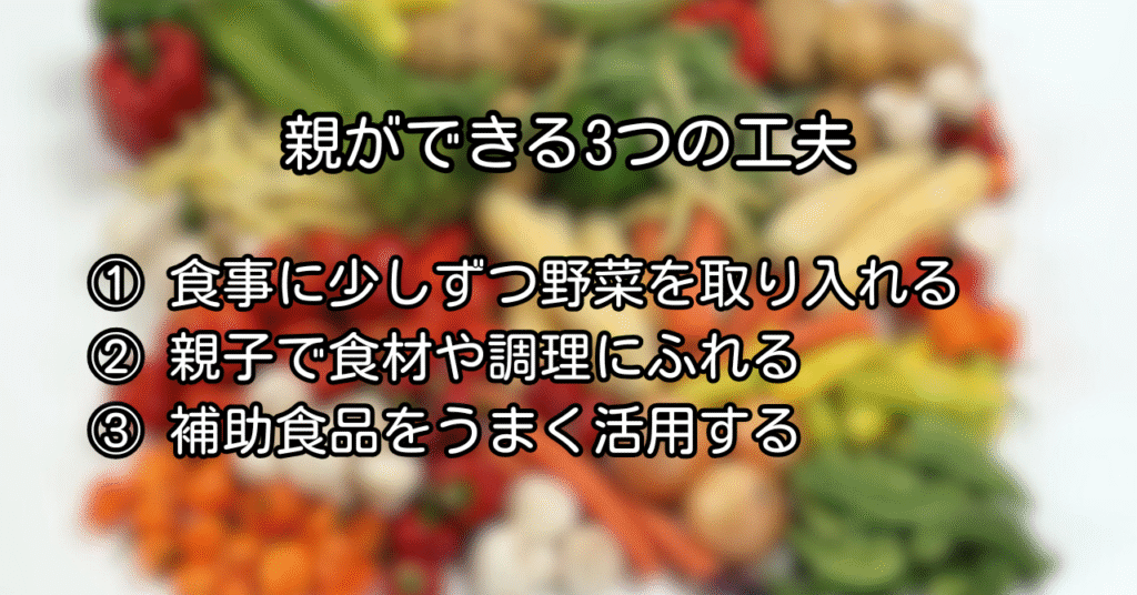 親ができる3つの工夫
① 食事に少しずつ野菜を取り入れる
② 親子で食材や調理にふれる
③ 補助食品をうまく活用する