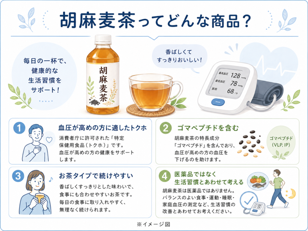 胡麻麦茶の特徴やトクホとしてのポイントをまとめた図解