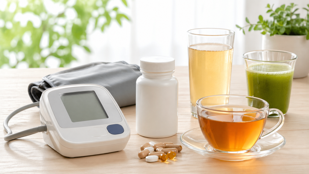 血圧対策をイメージした健康食品と飲み物、血圧計の写真