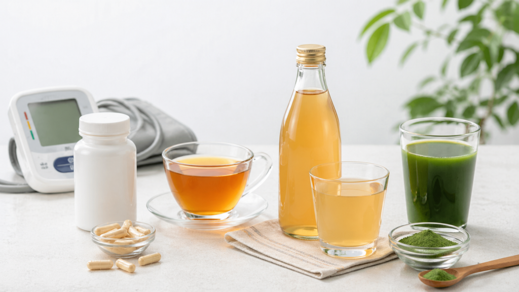 血圧対策をイメージした健康食品と飲み物、血圧計の写真