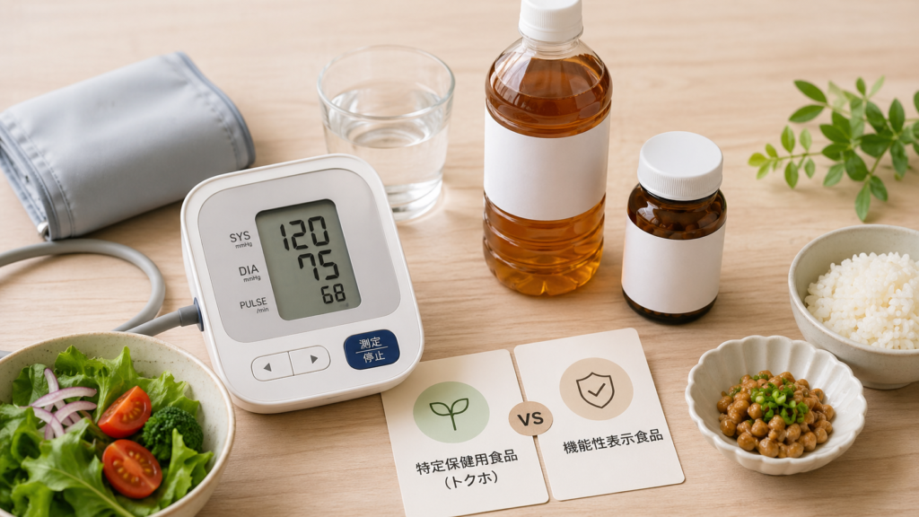alt="トクホと機能性表示食品の違いを比較する健康食品と血圧計のイメージ"