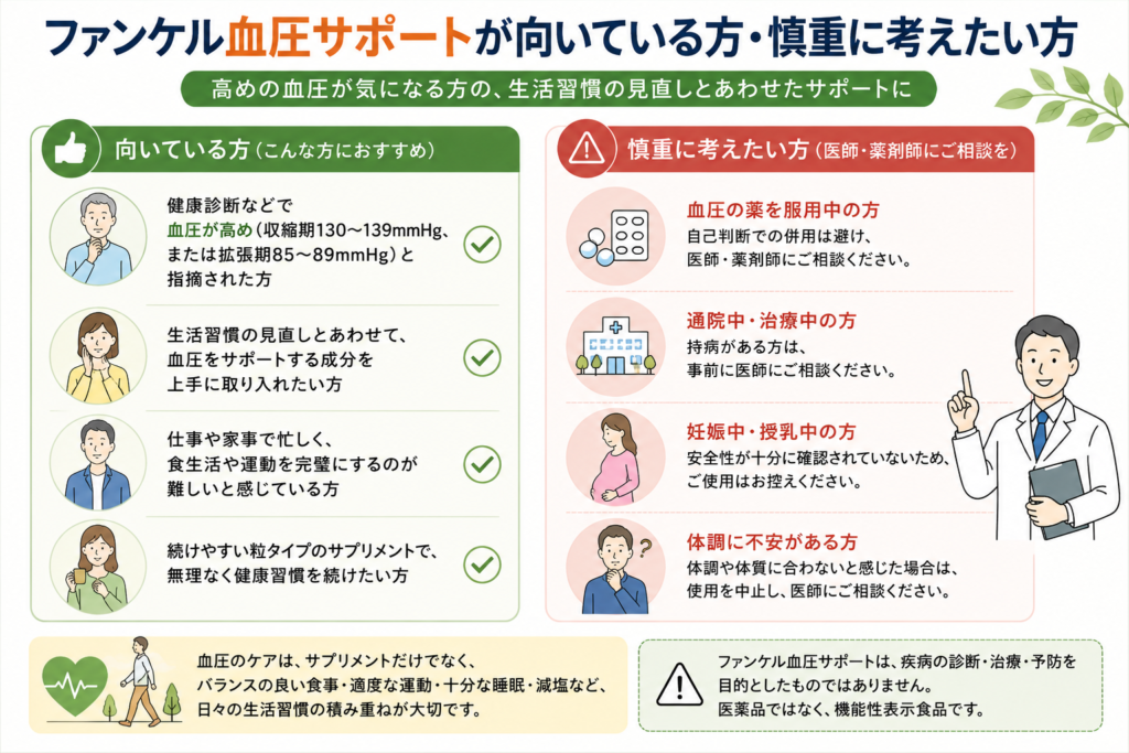 ファンケル血圧サポートが向いている方と慎重に考えたい方を比較した図解