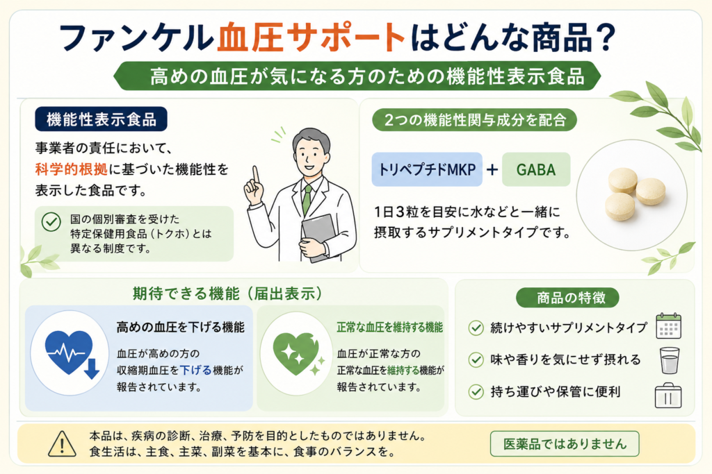 ファンケル血圧サポートの特徴を機能性表示食品や成分の観点からまとめた図解