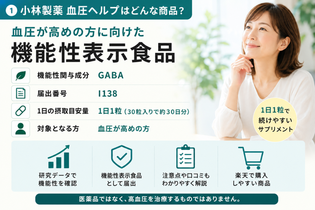 小林製薬 血圧ヘルプの特徴を機能性表示食品やGABAの観点からまとめた図解