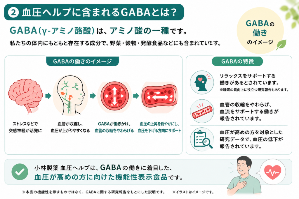 血圧ヘルプに含まれるGABAの特徴と血圧との関係をまとめた図解