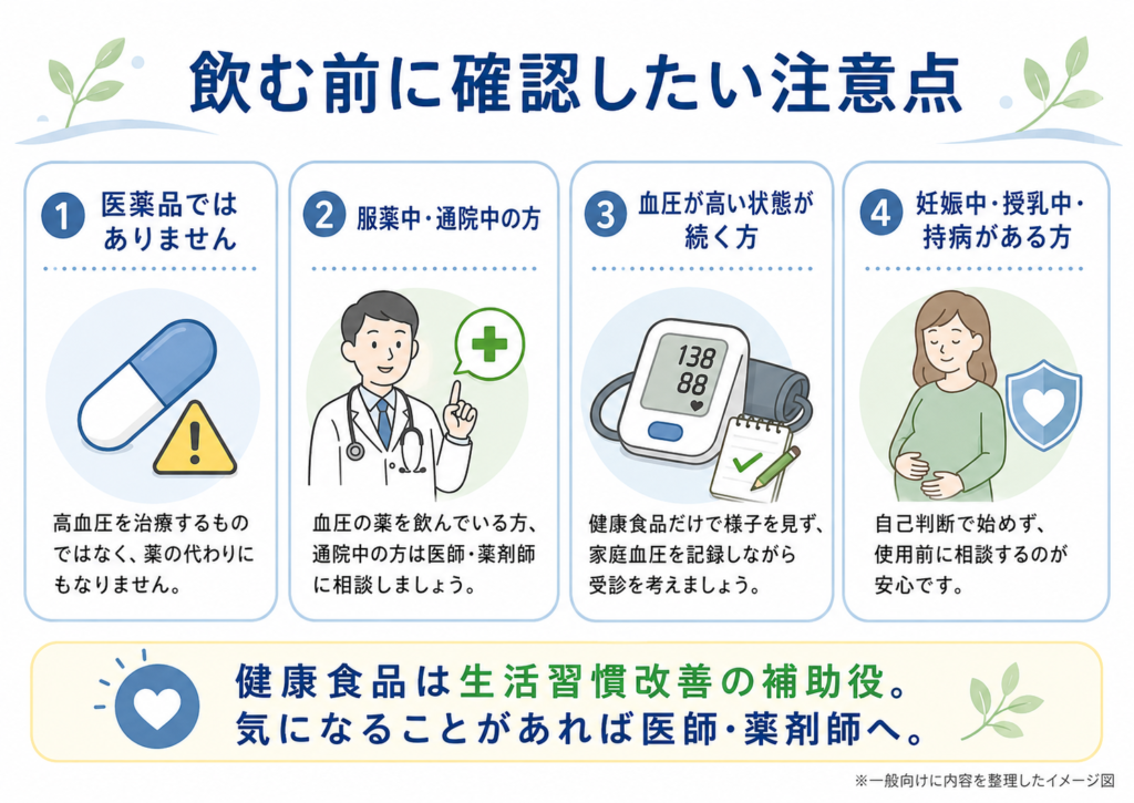 ファインGABAの注意点とほかの血圧向けサプリとの違いをまとめた図解