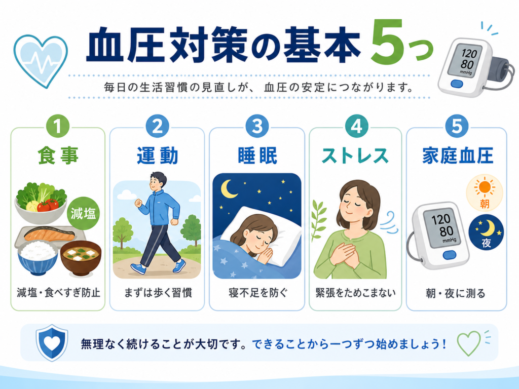 血圧対策の基本として食事・運動・睡眠・ストレス・家庭血圧の5つをまとめた図解