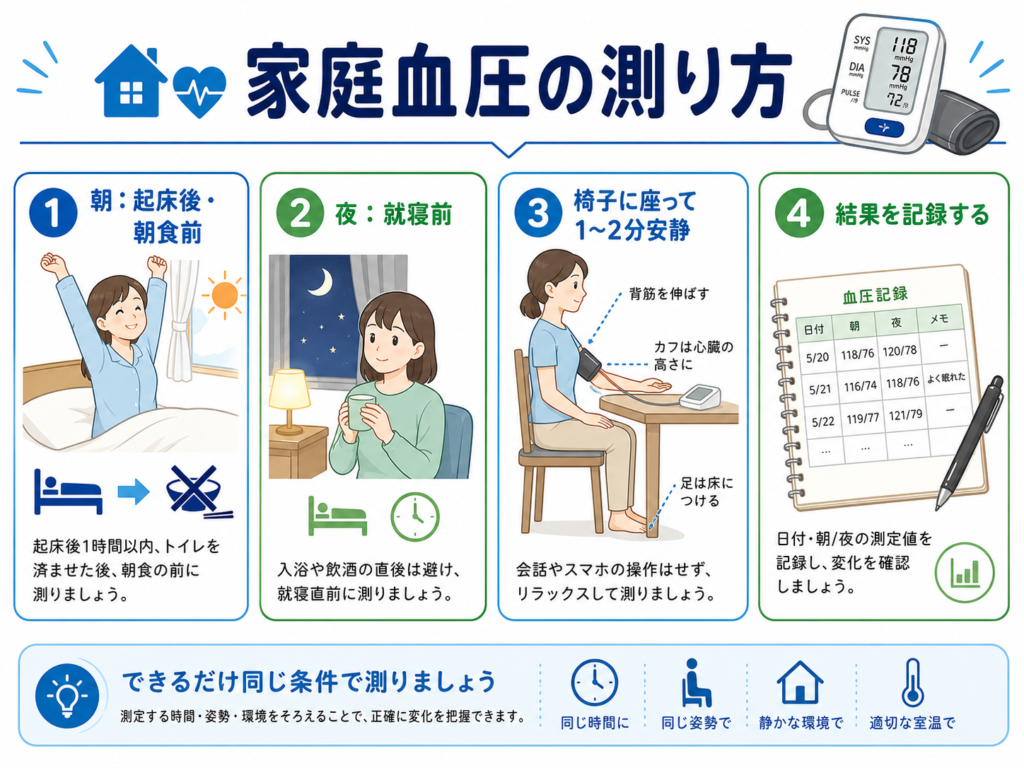 家庭血圧の測り方として朝と夜の測定タイミングや記録方法をまとめた図解