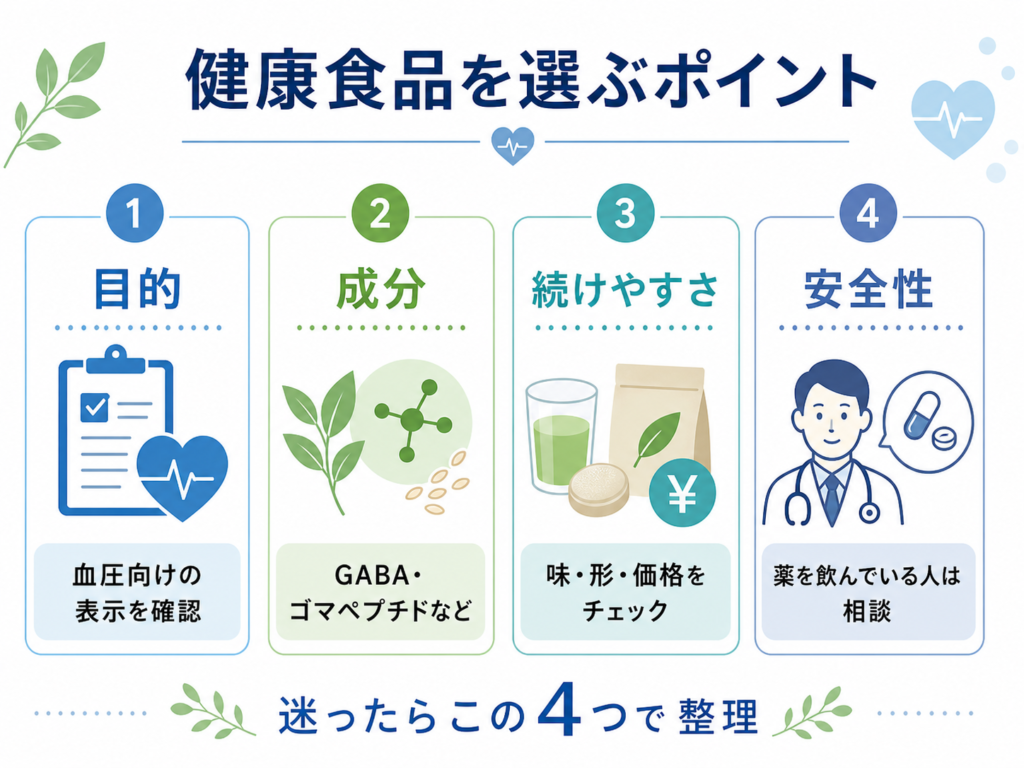血圧が気になる人向けに健康食品を選ぶポイントを目的・成分・続けやすさ・安全性で整理した図解