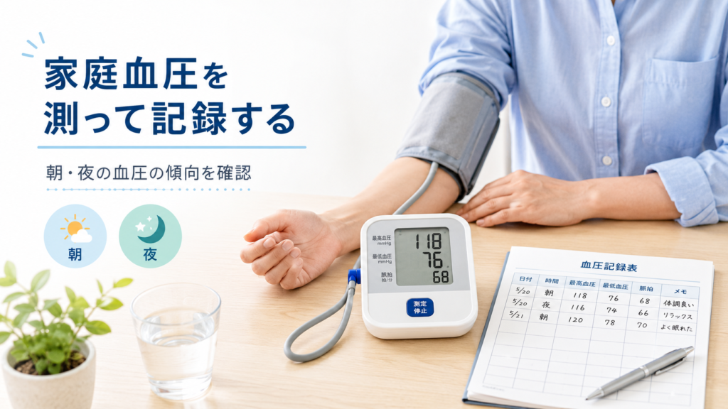 家庭血圧を測定し、朝と夜の血圧を記録している様子
