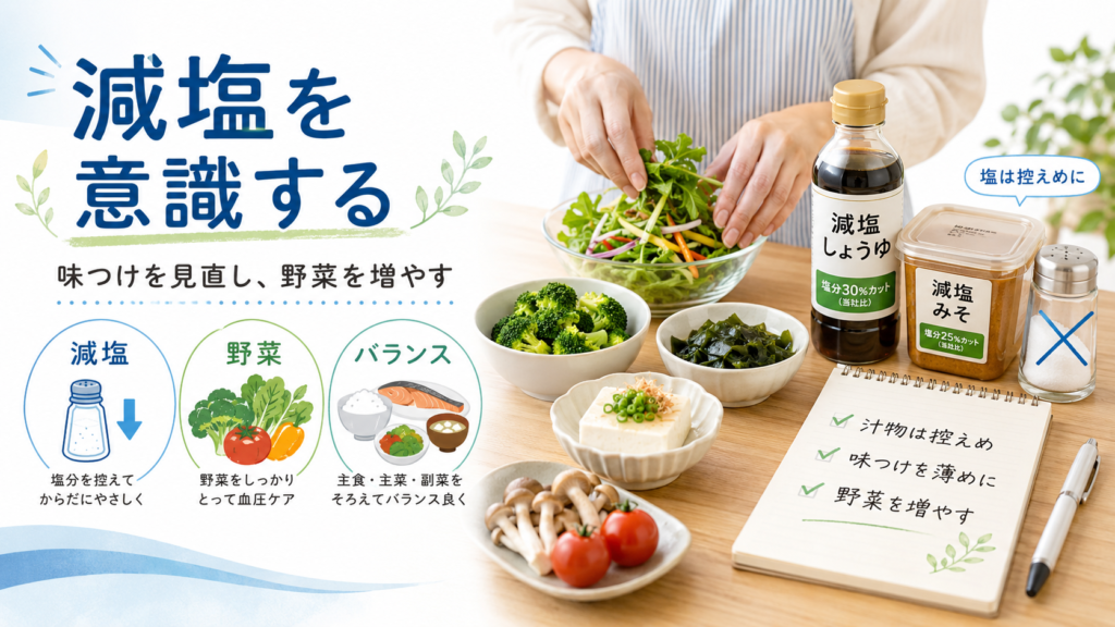 減塩しょうゆや野菜を取り入れて血圧が気になる人の食事を見直す様子