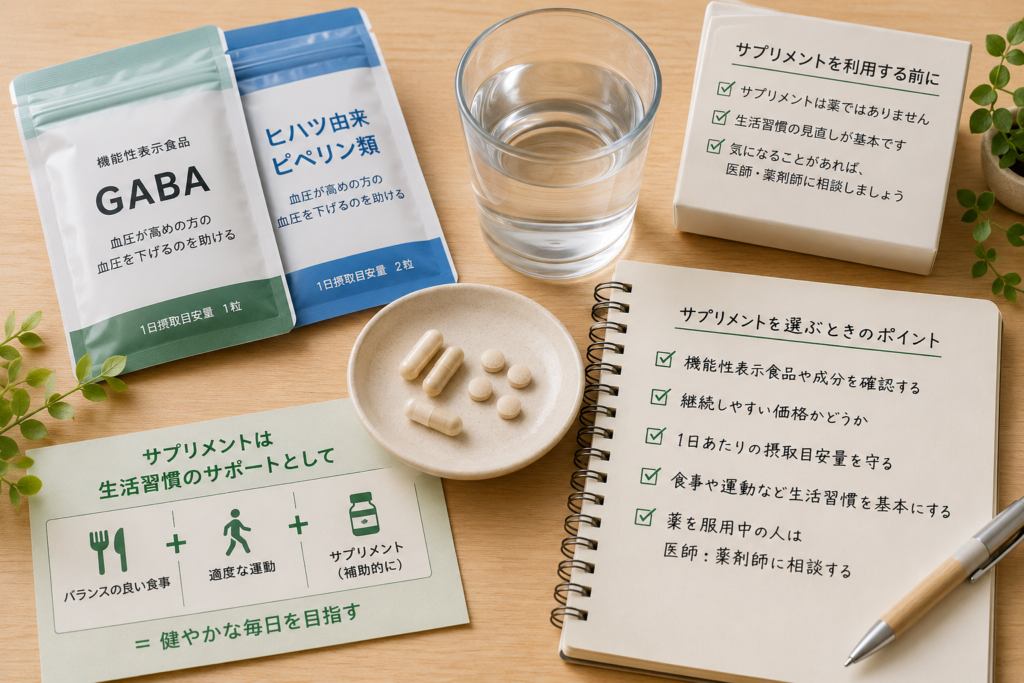 血圧が気になる人向けにサプリを生活習慣の補助として考えるイメージ