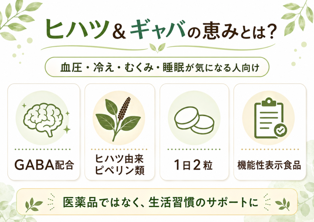 ヒハツ＆ギャバの恵みの特徴をGABA配合・ヒハツ由来ピペリン類・1日2粒・機能性表示食品で整理した図解