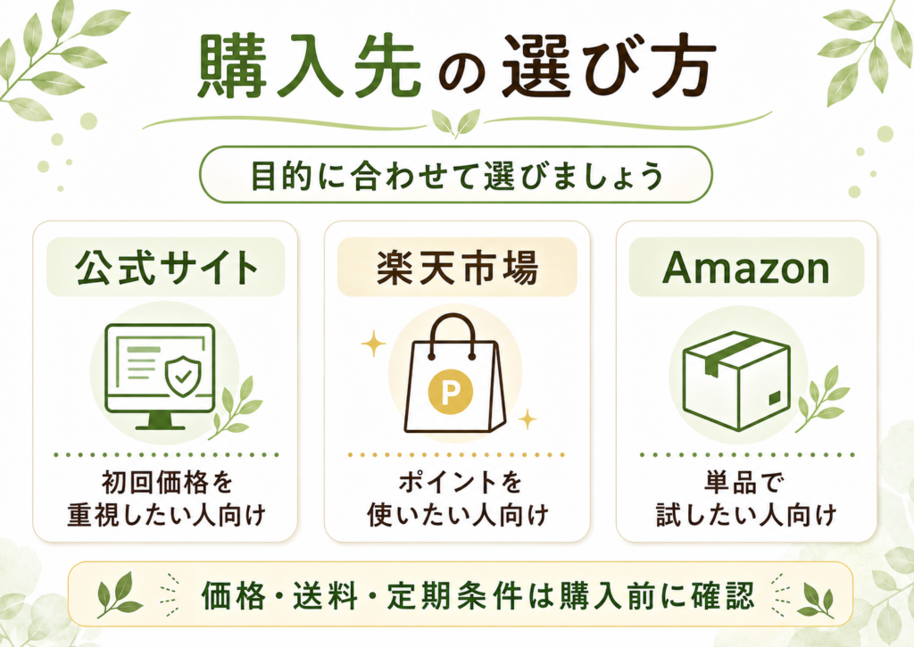 ヒハツ＆ギャバの恵みを公式サイト・楽天市場・Amazonのどこで買うか比較した図解