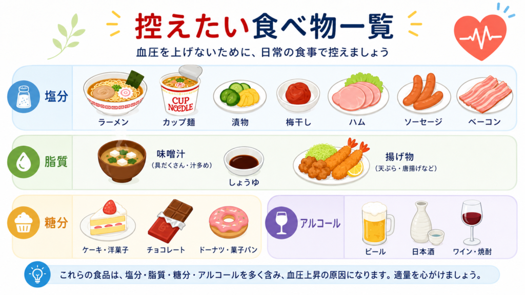 高血圧で控えたい塩分や脂質、糖分、アルコールの多い食品一覧イラスト