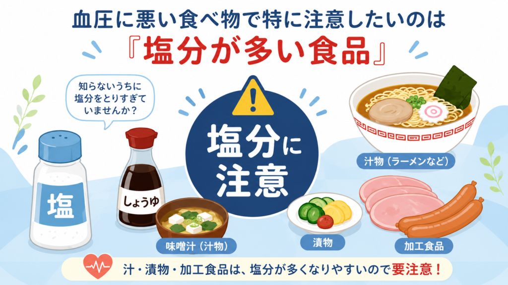 高血圧で特に注意したい塩分の多い食品をまとめたイラスト