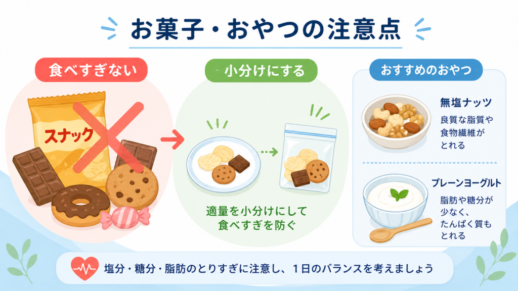 高血圧の人のお菓子やおやつの選び方と食べすぎ防止のポイントを示したイラスト