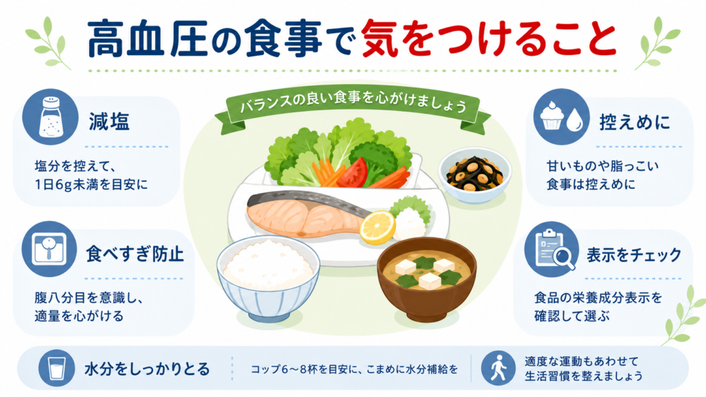 高血圧の食事で気をつけたい減塩や食べすぎ防止のポイントを示したイラスト