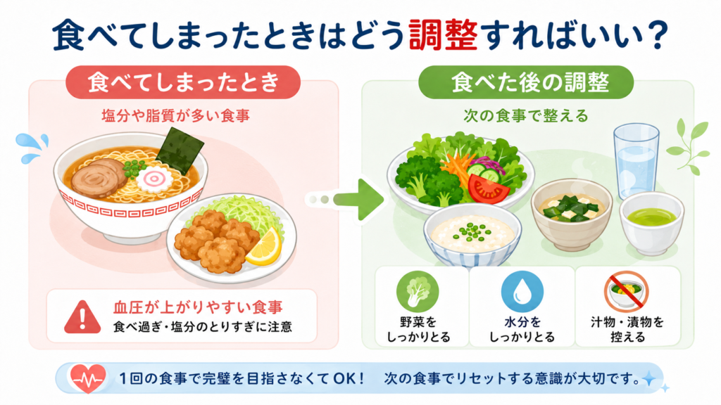 高血圧で塩分や脂質の多い食事をしたあとに次の食事で調整する方法を示したイラスト