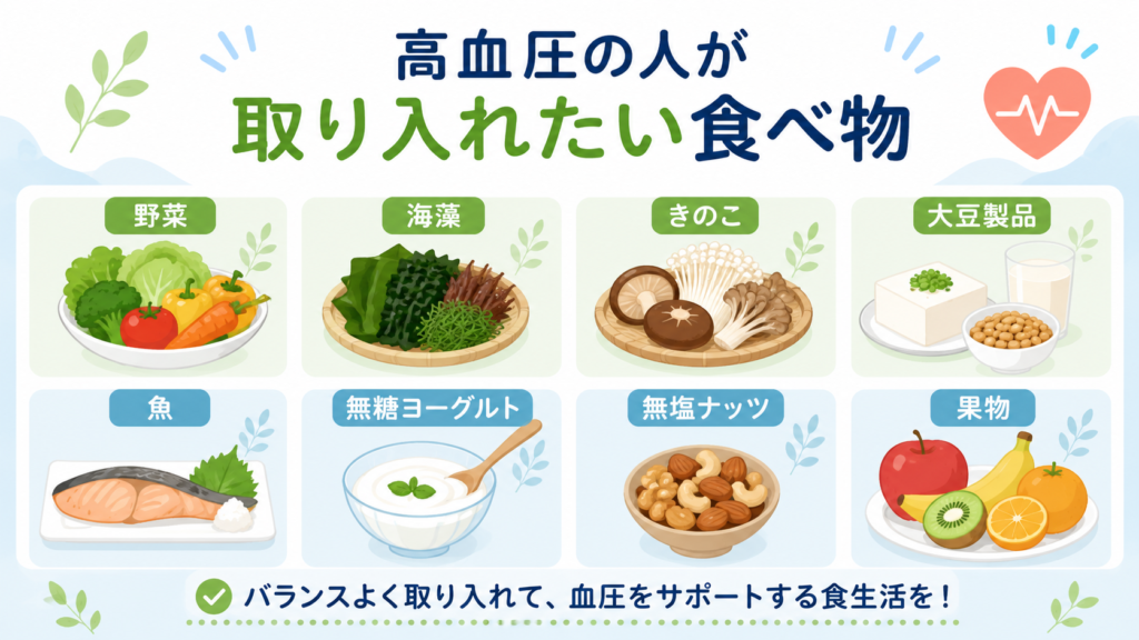 高血圧の人が取り入れたい野菜や魚、海藻などの食品をまとめたイラスト