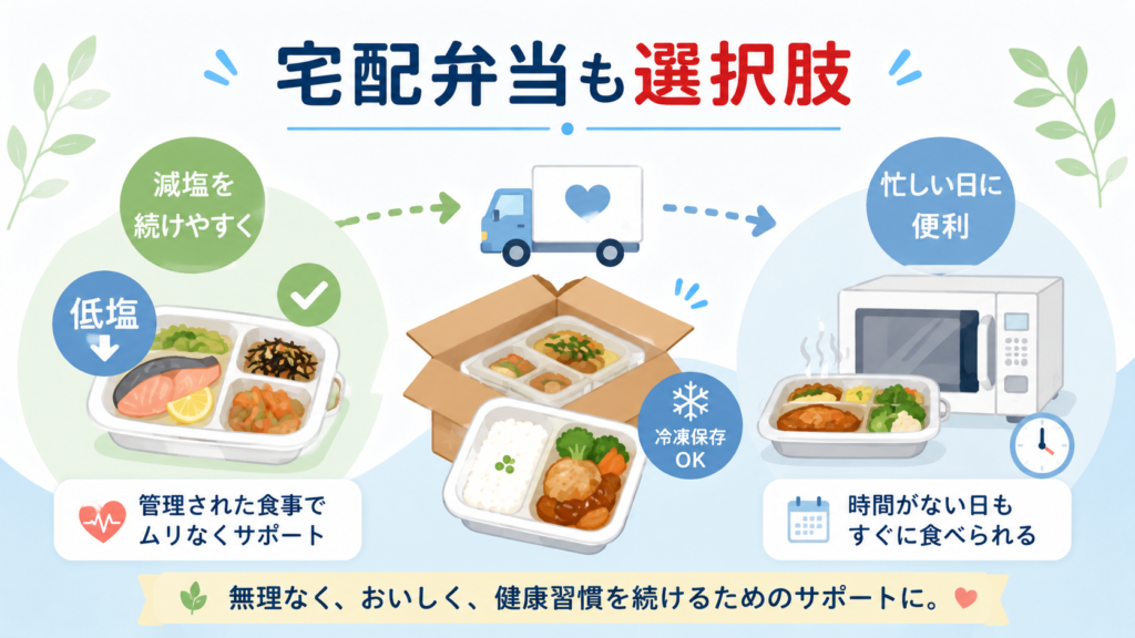 高血圧対策として減塩の宅配弁当を活用するイメージイラスト