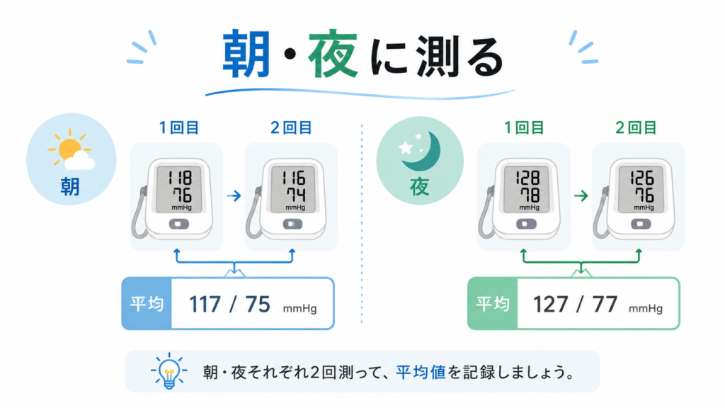 家庭血圧を朝と夜に2回ずつ測り平均を記録する図解