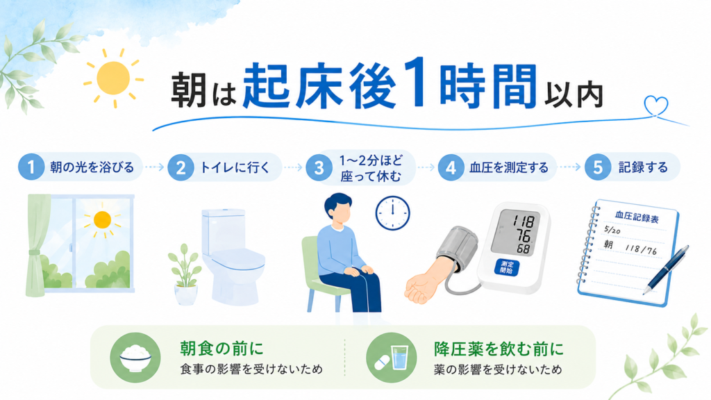 朝の家庭血圧を起床後1時間以内に測る流れ