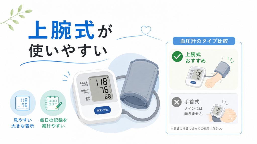 上腕式血圧計と手首式血圧計の違いを比較する図解