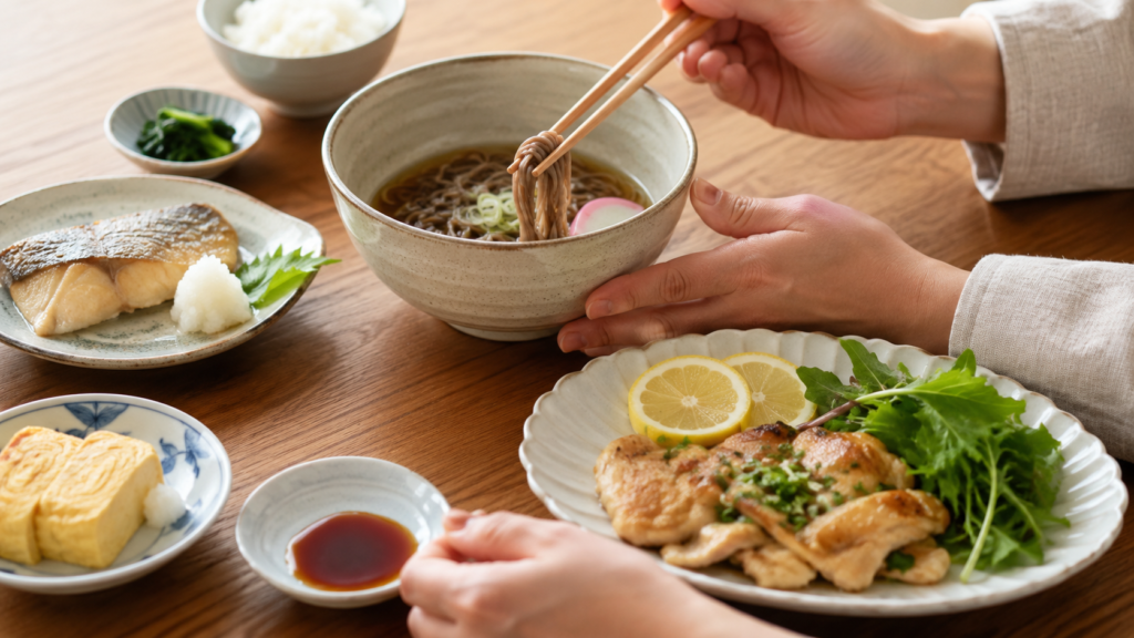 麺類の汁を残し、しょうゆを少量つけて食べる減塩の工夫