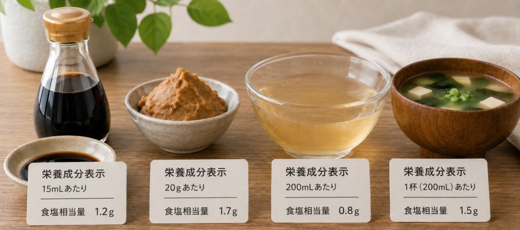 減塩調味料と栄養成分表示を確認するイメージ