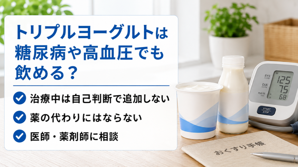 糖尿病や高血圧の治療中はトリプルヨーグルトを自己判断で追加せず、薬の代わりにせず、医師や薬剤師へ相談することを示した画像