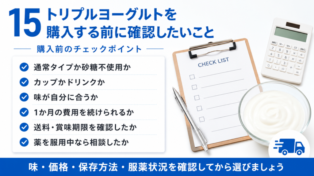 トリプルヨーグルト購入前の確認項目として、商品タイプ、味、1か月の費用、送料、賞味期限、服薬状況をまとめた画像