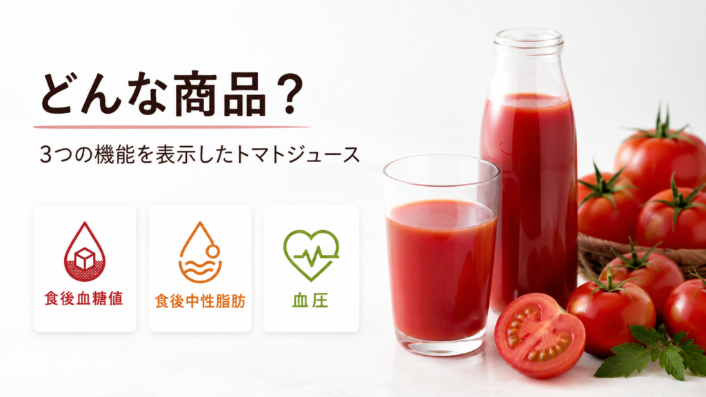 食後血糖値・食後中性脂肪・血圧の3つの機能を表示したトマトジュース