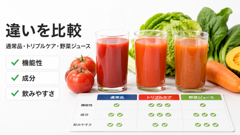 通常のトマトジュース・トリプルケア・野菜ジュースの違いを比較