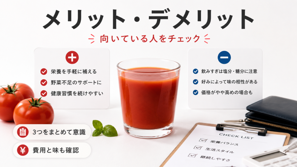 カゴメトマトジューストリプルケアのメリット・デメリットと向いている人