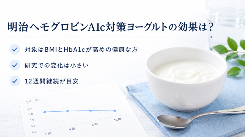 明治ヘモグロビンA1c対策ヨーグルトの効果をまとめた画像。BMIとHbA1cが高めの健康な方が対象、研究での変化は小さい、12週間継続が目安と示した写真風の図解。