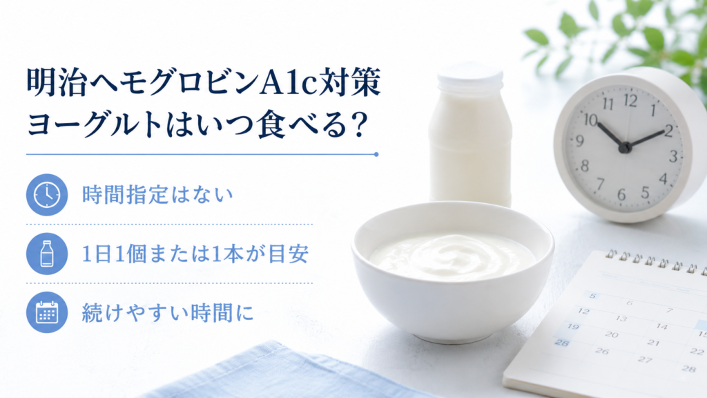 明治ヘモグロビンA1c対策ヨーグルトをいつ食べるかをまとめた画像。時間指定はなく、1日1個または1本が目安で、続けやすい時間に取り入れることを示した写真風の図解。