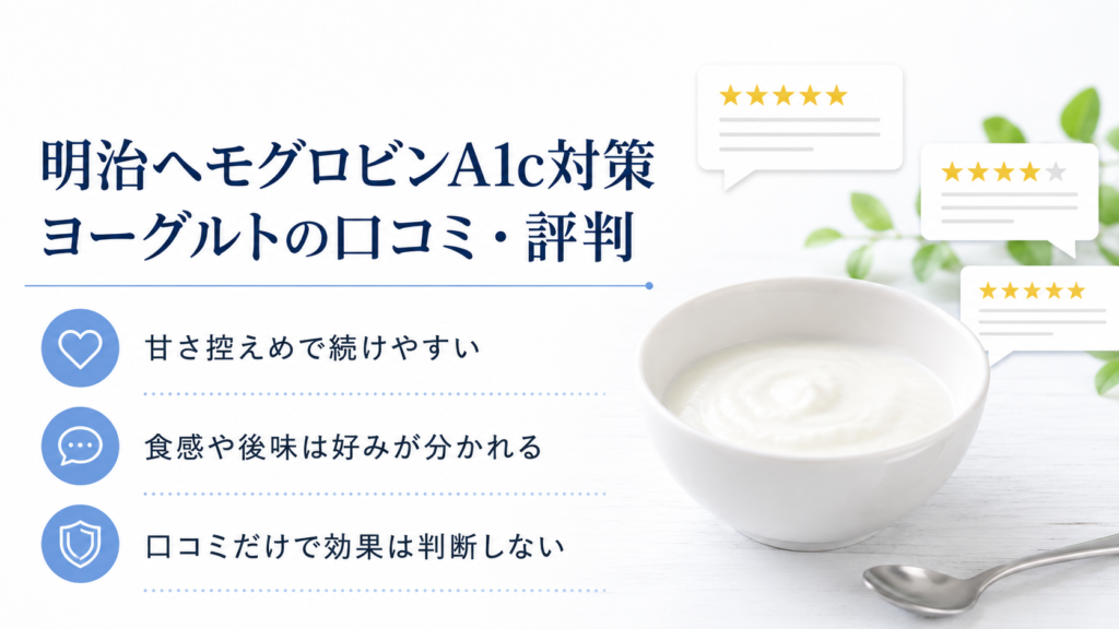 明治ヘモグロビンA1c対策ヨーグルトの口コミ・評判をまとめた画像。甘さ控えめで続けやすい、食感や後味は好みが分かれる、口コミだけで効果は判断しないと示した写真風デザイン。