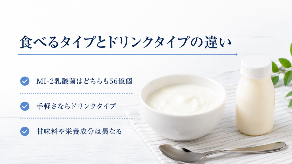 明治ヘモグロビンA1c対策ヨーグルトの食べるタイプとドリンクタイプの違いをまとめた画像。MI-2乳酸菌はどちらも56億個、手軽さならドリンクタイプ、甘味料や栄養成分は異なると示した比較画像。