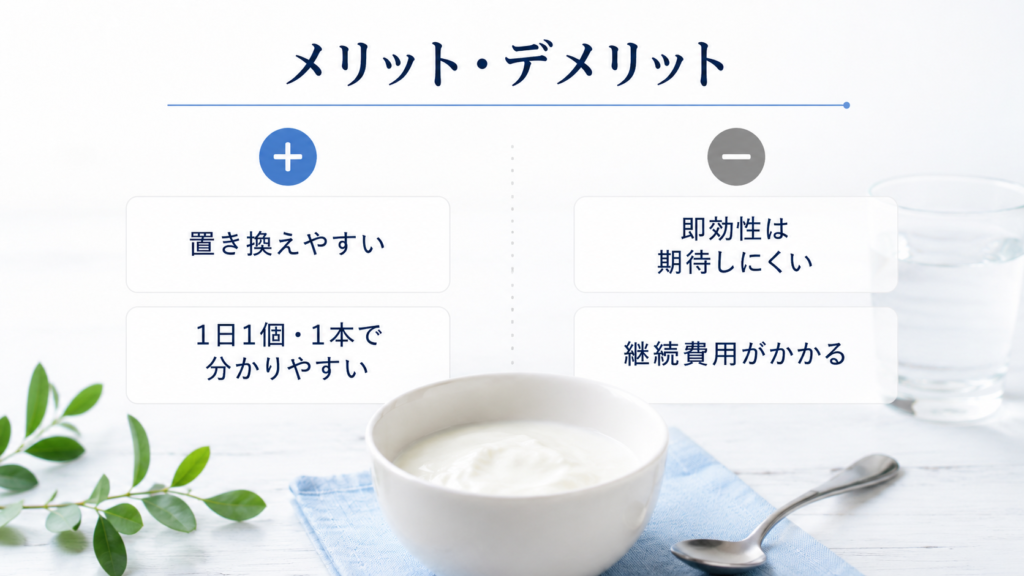 明治ヘモグロビンA1c対策ヨーグルトのメリット・デメリットをまとめた画像。置き換えやすい、1日1個・1本で分かりやすい一方、即効性は期待しにくく継続費用がかかることを示した比較図。
