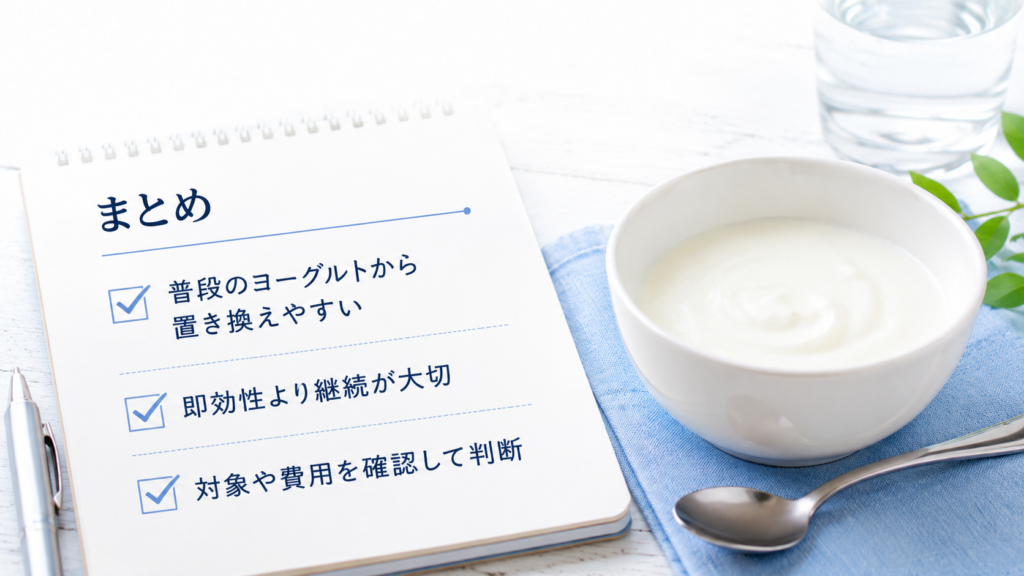 明治ヘモグロビンA1c対策ヨーグルトの記事内容をまとめた画像。普段のヨーグルトから置き換えやすい、即効性より継続が大切、対象や費用を確認して判断することを示した写真風デザイン。