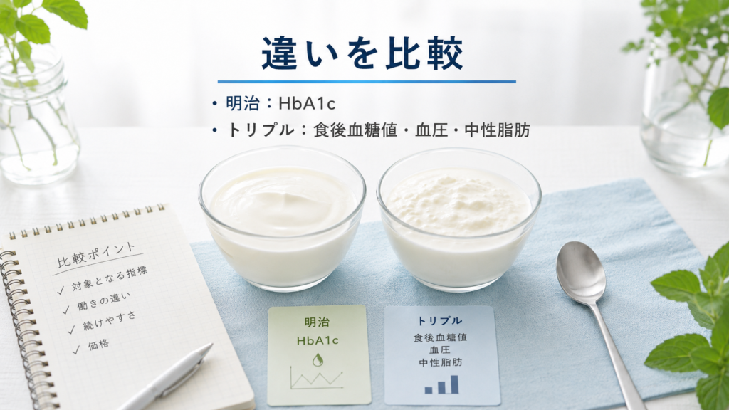 明治ヘモグロビンA1c対策ヨーグルトとトリプルヨーグルトの違いを比較した画像