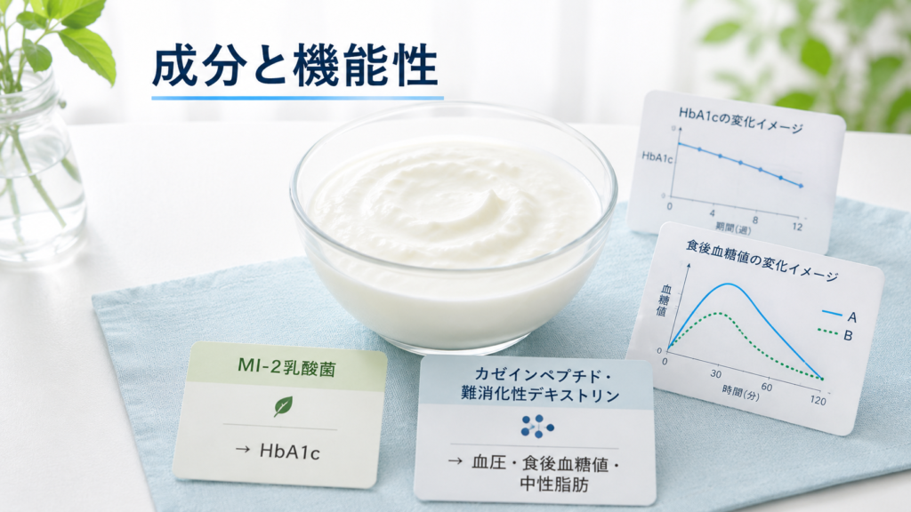 MI-2乳酸菌とカゼインペプチド・難消化性デキストリンの成分と機能性をまとめた画像
