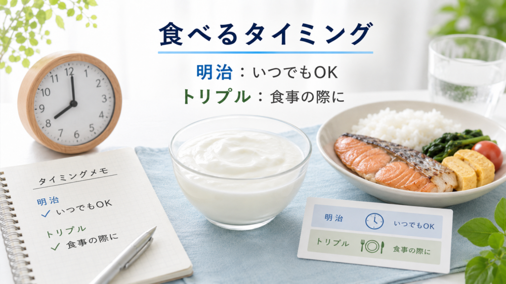 明治はいつでもOK、トリプルヨーグルトは食事の際に取り入れるタイミングを示した画像